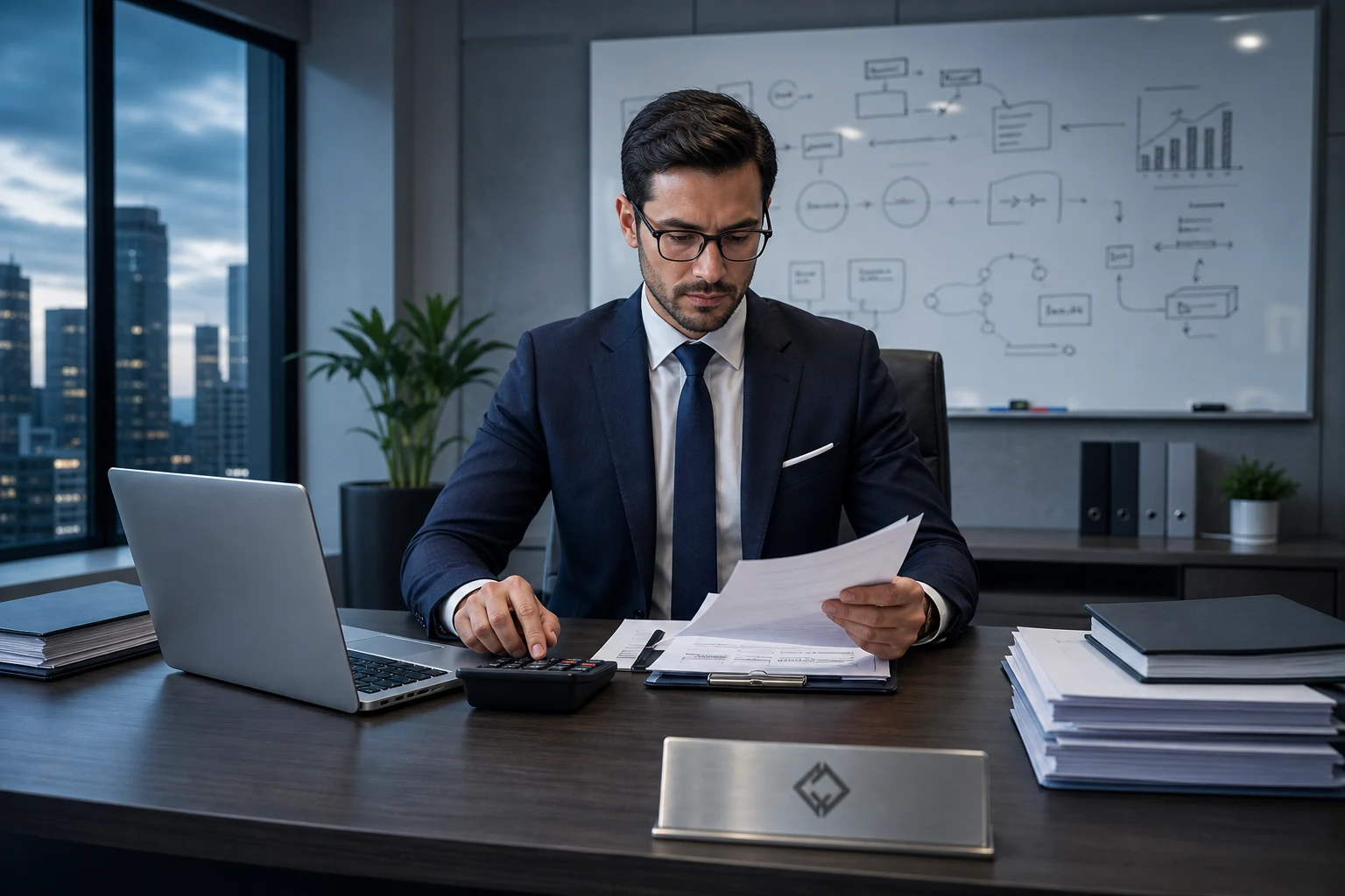 Profesional con traje en escritorio mirando documentos calculadora placa logo