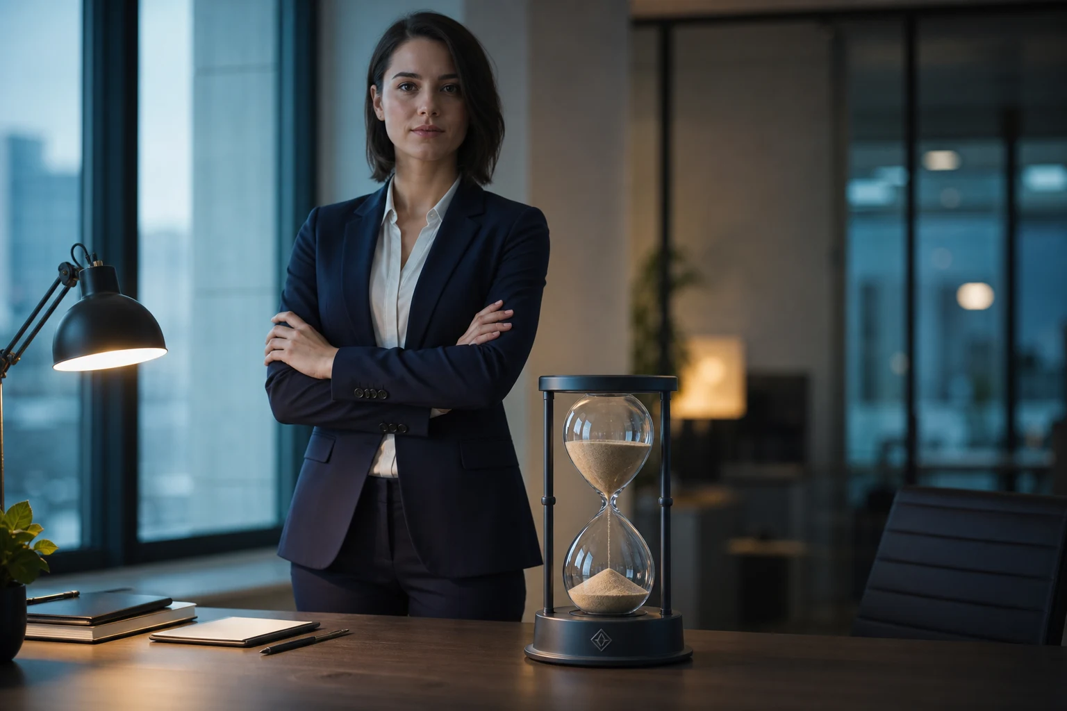 Profesional corporativo junto a escritorio moderno reloj de arena enfocado