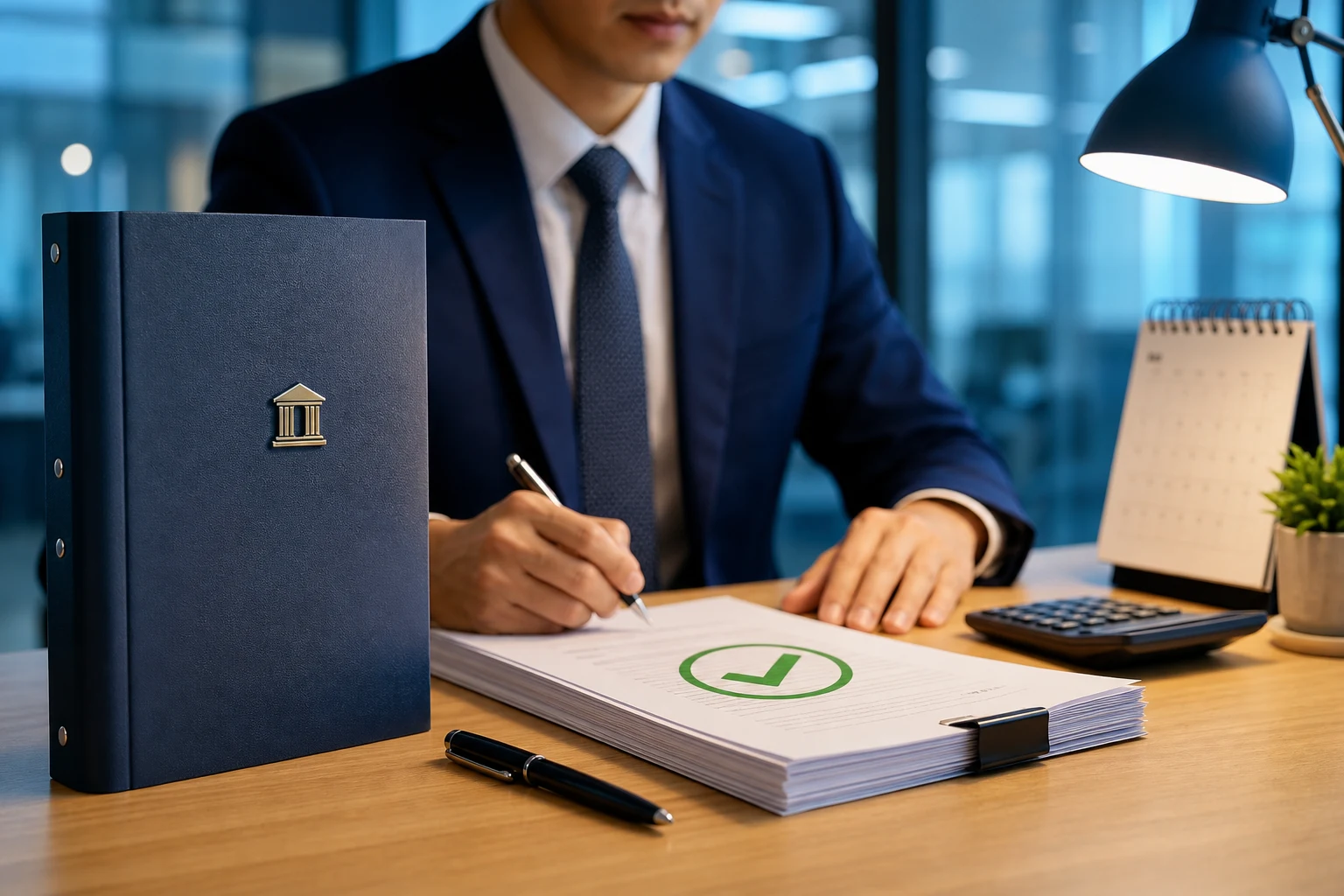 Profesional en escritorio con placa con logo del banco central