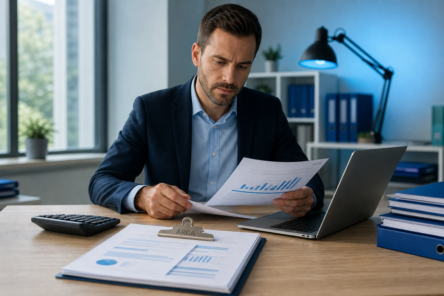Profesional en escritorio revisando documentos ARCA con portapapeles logo ARCA