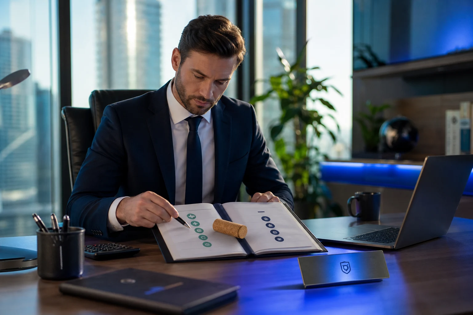 Profesional financiero revisa libro mayor moderno con tapón fiscal simbólico