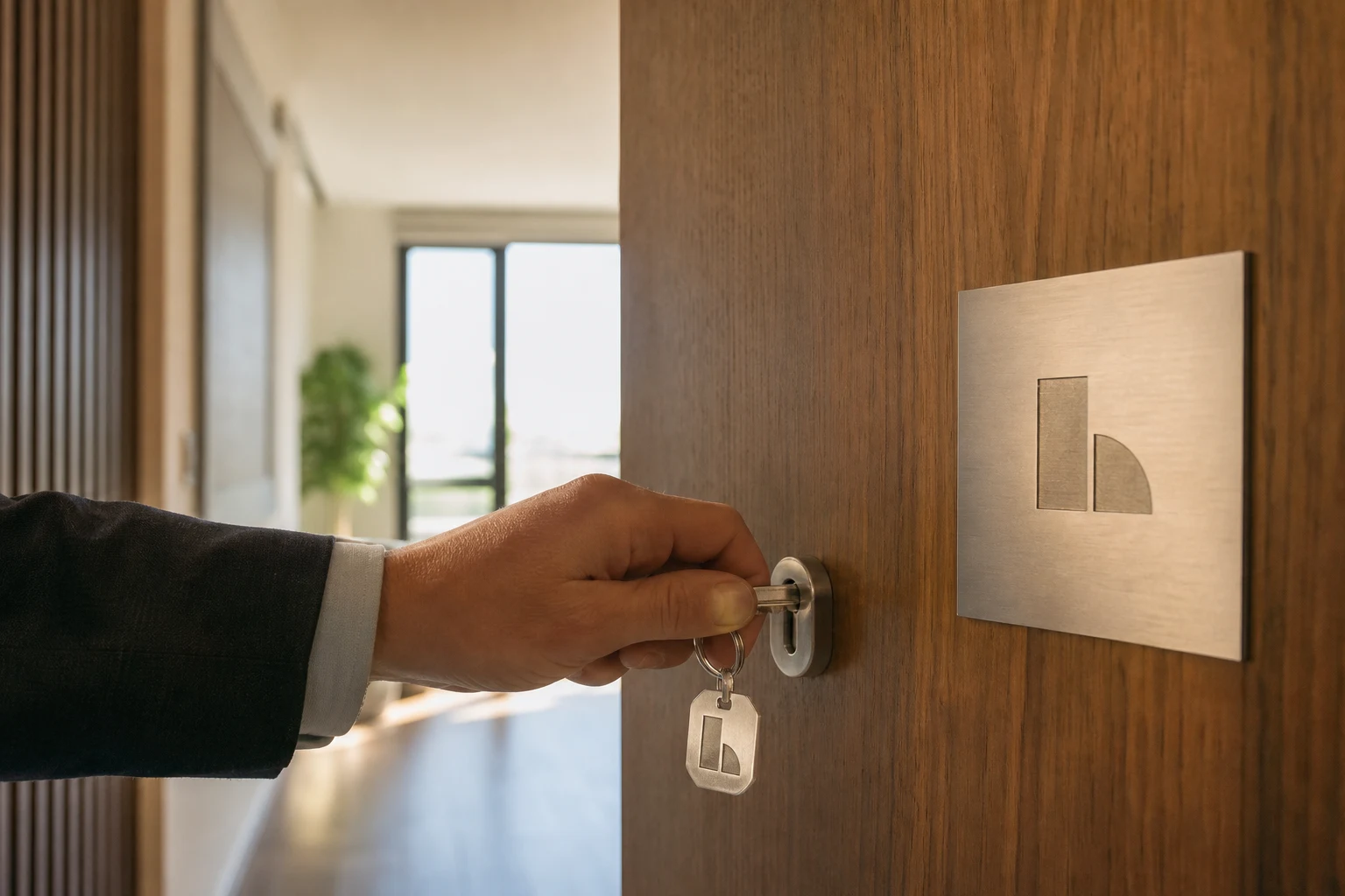 Propietario colocando llave en puerta moderna con logotipo minimalista grabado