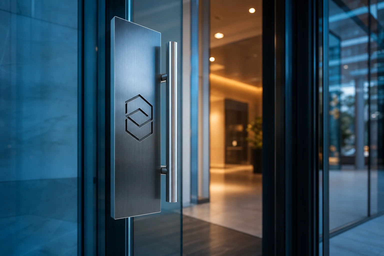 Puerta de vidrio moderna en vestíbulo financiero con logotipo geométrico