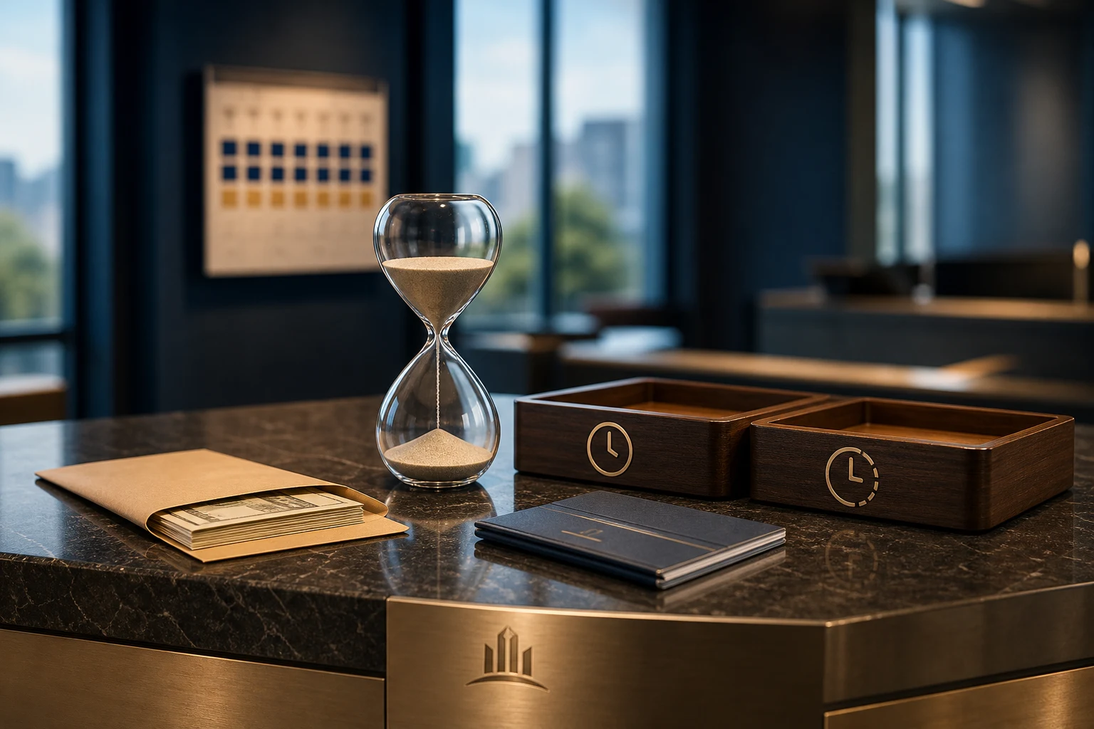 Reloj de arena junto a dinero sobre mostrador bancario con logo financiero grabado