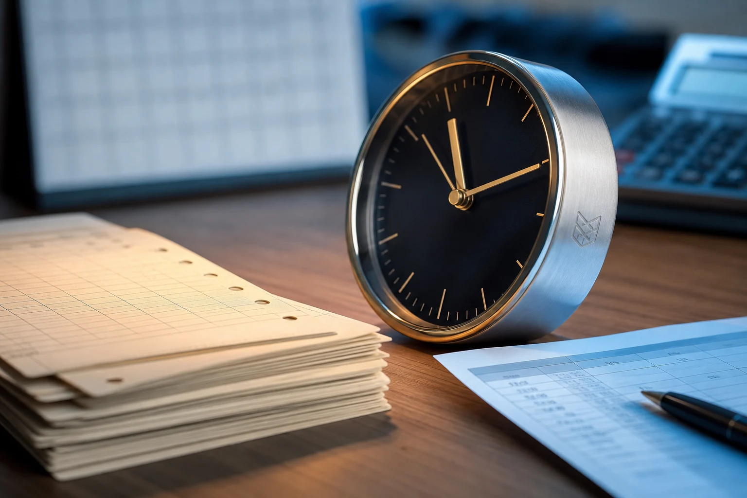 Reloj de escritorio pulido con logo minimalista rodeado de tarjetas