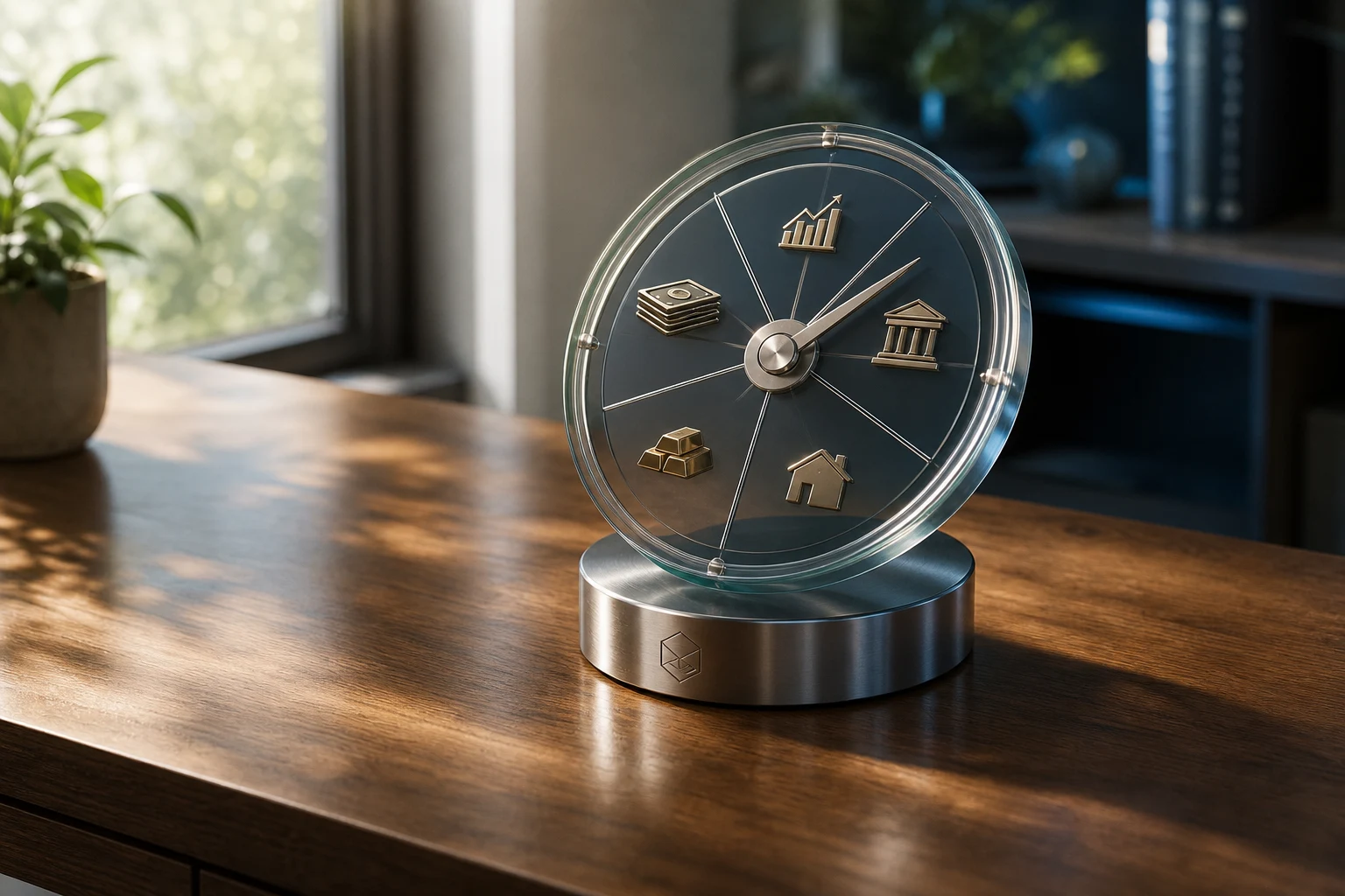 Rueda de inversión de cristal sobre pedestal metálico logo grabado