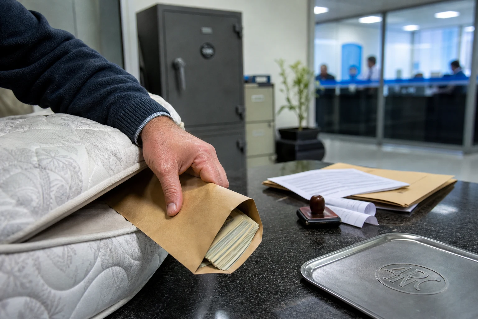 Sobre con dólares retirado de colchón junto a documentos y emblema ARCA
