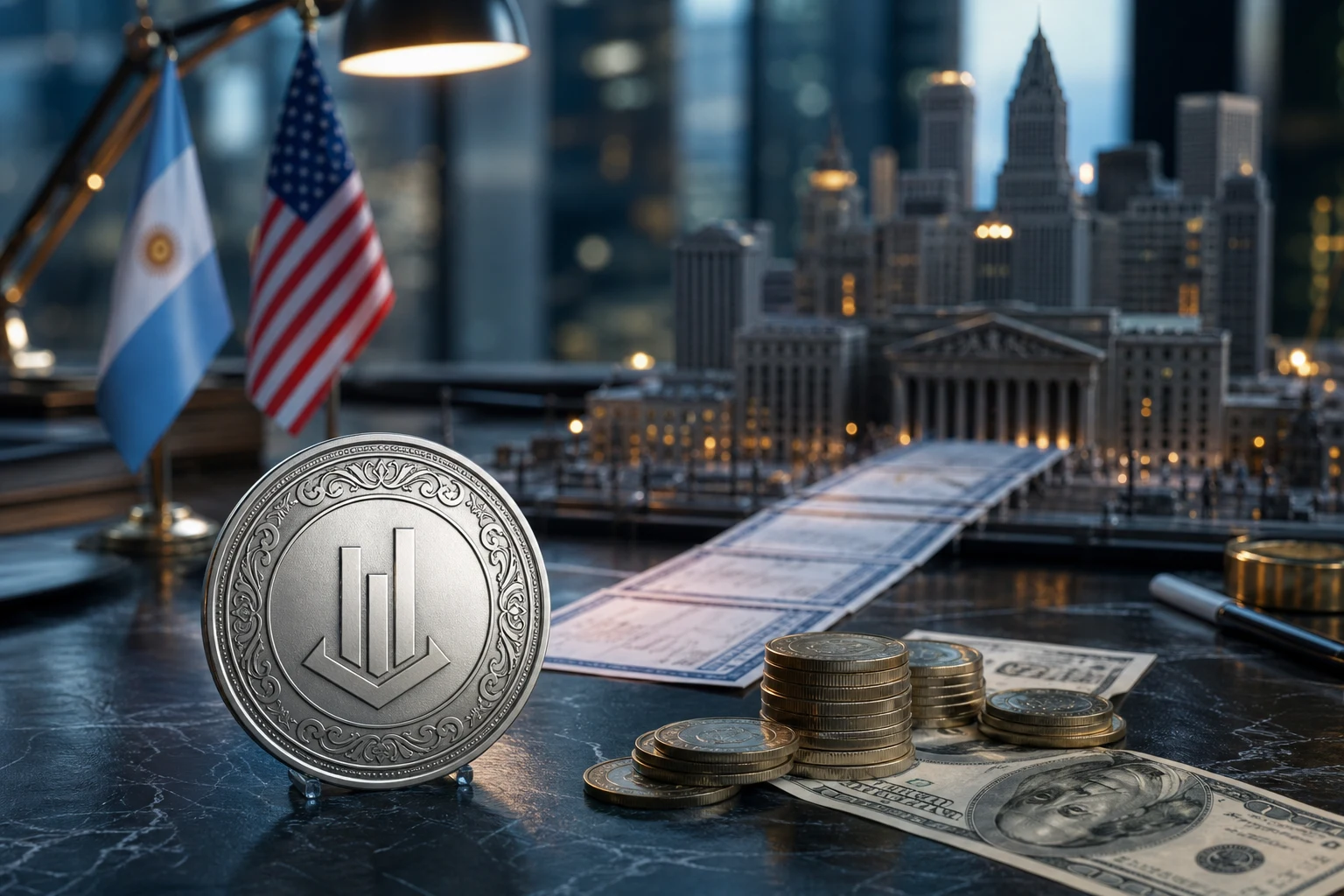 Token de recibo depositario estadounidense junto a pesos argentinos dólares y Wall Street