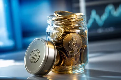 Jarra transparente con monedas de dólar y logotipo minimalista con tapa